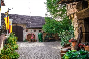 Haxthäuser Hof Innenhof, © inMEDIA Innenhof eines historischen Gebäudes mit Kopfsteinpflaster, alten Holztüren, bepflanzten Fässern und bunten Blumen