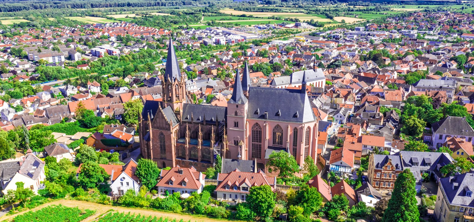 Luftaufnahme einer historischen Kirche mit zwei Türmen inmitten eines kleinen Ortes, umgeben von Wohnhäusern und landwirtschaftlichen Feldern