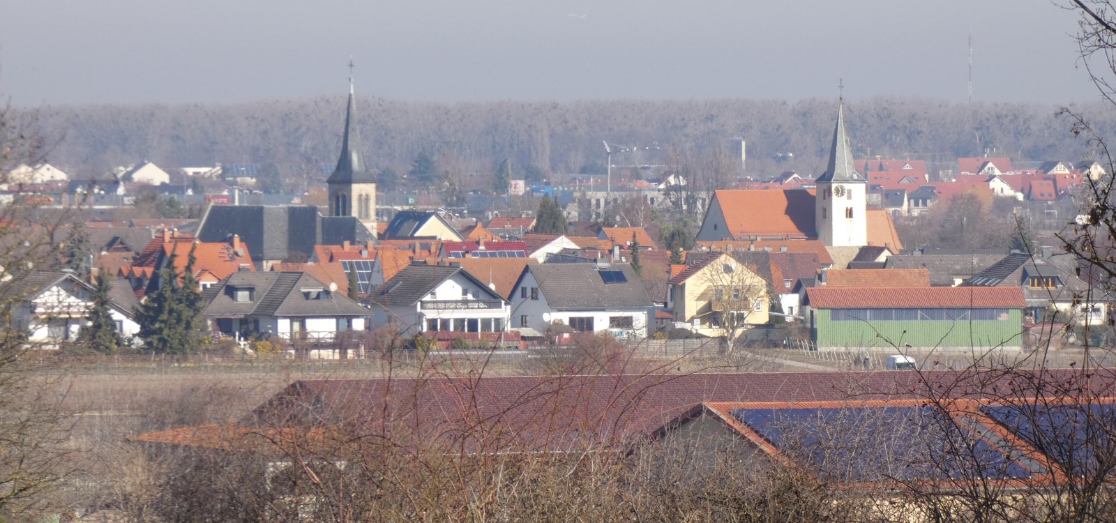Blick auf ein Dorf mit zwei Kircht&uuml;rmen, im Vordergrund Felder und B&auml;ume