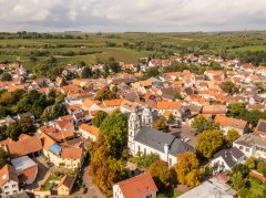 Luftaufnahme vom Weinort Guntersblum mit Weinbergen im Hintergrund und einer Kirche im Mittelpunkt