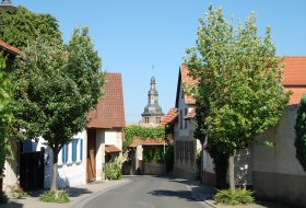 Blick auf eine ruhige Dorfstra&szlig;e mit B&auml;umen und H&auml;usern und im Hintergrund ein Kirchturm.