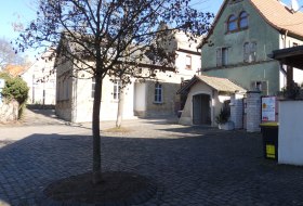Kleiner Baum auf gepflastertem Platz vor historischen Fachwerkh&auml;usern